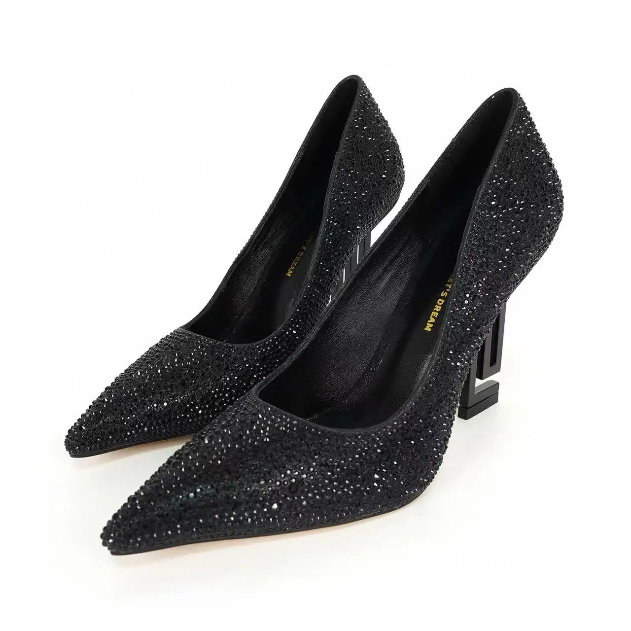 

Black High Heels with Full Diamonds and Lettering, Pointed Toe, Wedge Sole, Women's Genuine Leather Wedding Shoes in Plus Size