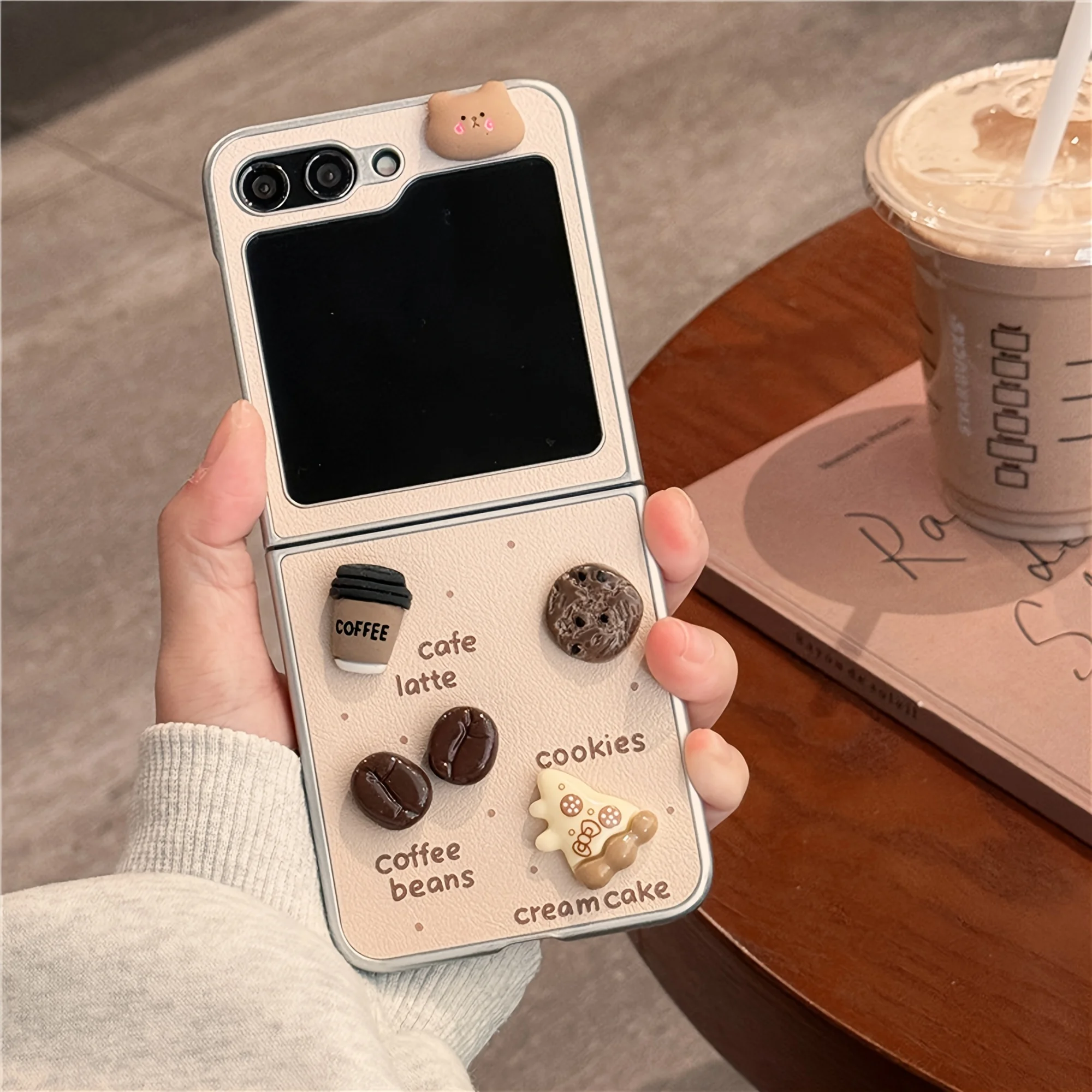 New Little Fresh Plating Veneer Bear Coffee Folding Phone Case for Samsung Galaxy Z Flip 6 5 4 3