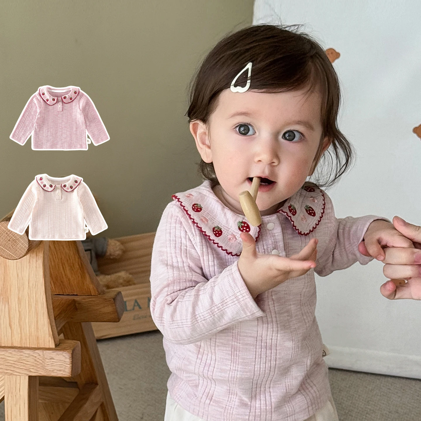 

9M-5T Kids Girls Clothes Strawberry Embroidery Collar Girls Blouse Long Sleeve Girls Tee Autumn Fashion Base Tops