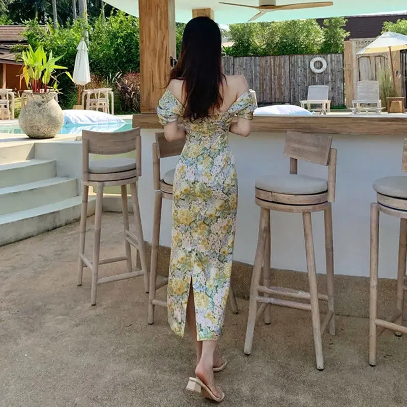 Cottagecore Dress 2023 Korean Style Elegant Sweet Fairy Floral Print Dresses Holiday Kawaii Sexy Off Shoulder Slim Robe Beach