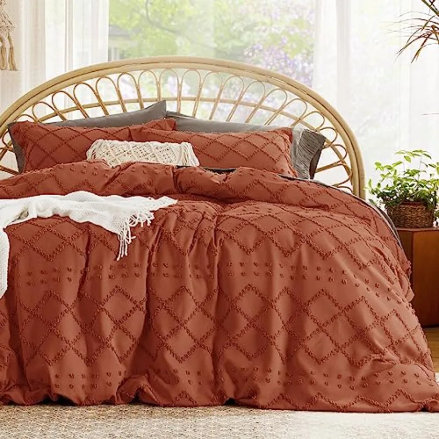 

Boho Duvet Cover Queen Size for Living Room and Bedroom Decor Terracotta Color Breathable and Soft Machine Washable Bedding Set