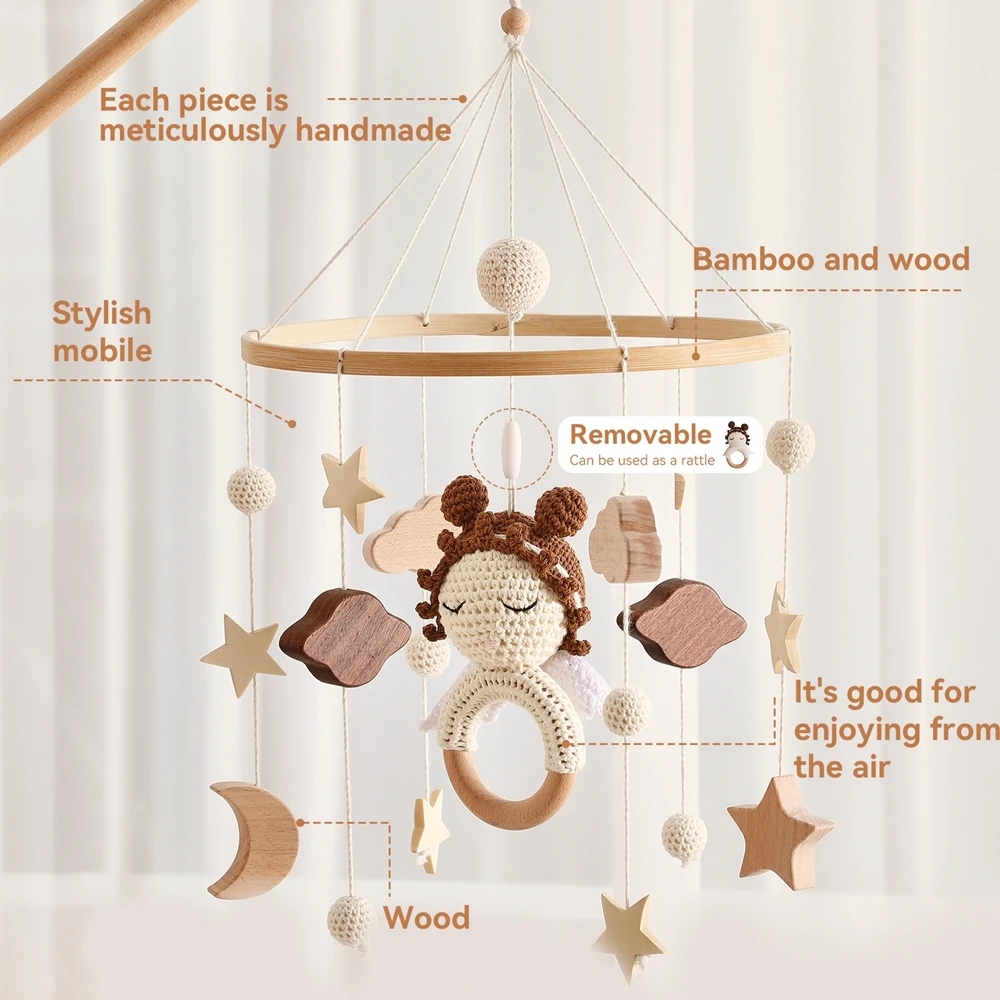 Wooden Crib Mobile Baby Bed Bell Rattle Toy Crochet Cartoon Angel Mobile Hanging Newborn Music Box Bed Bell Hanging Bracket Toy