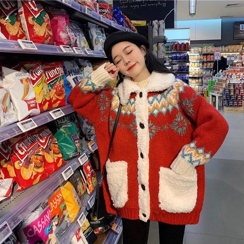 

New Year's Red Christmas Sweater Women's Lamb Wool Thickened Cardigan Autumn and Winter Wear Lazy Wind Loose Long Coat