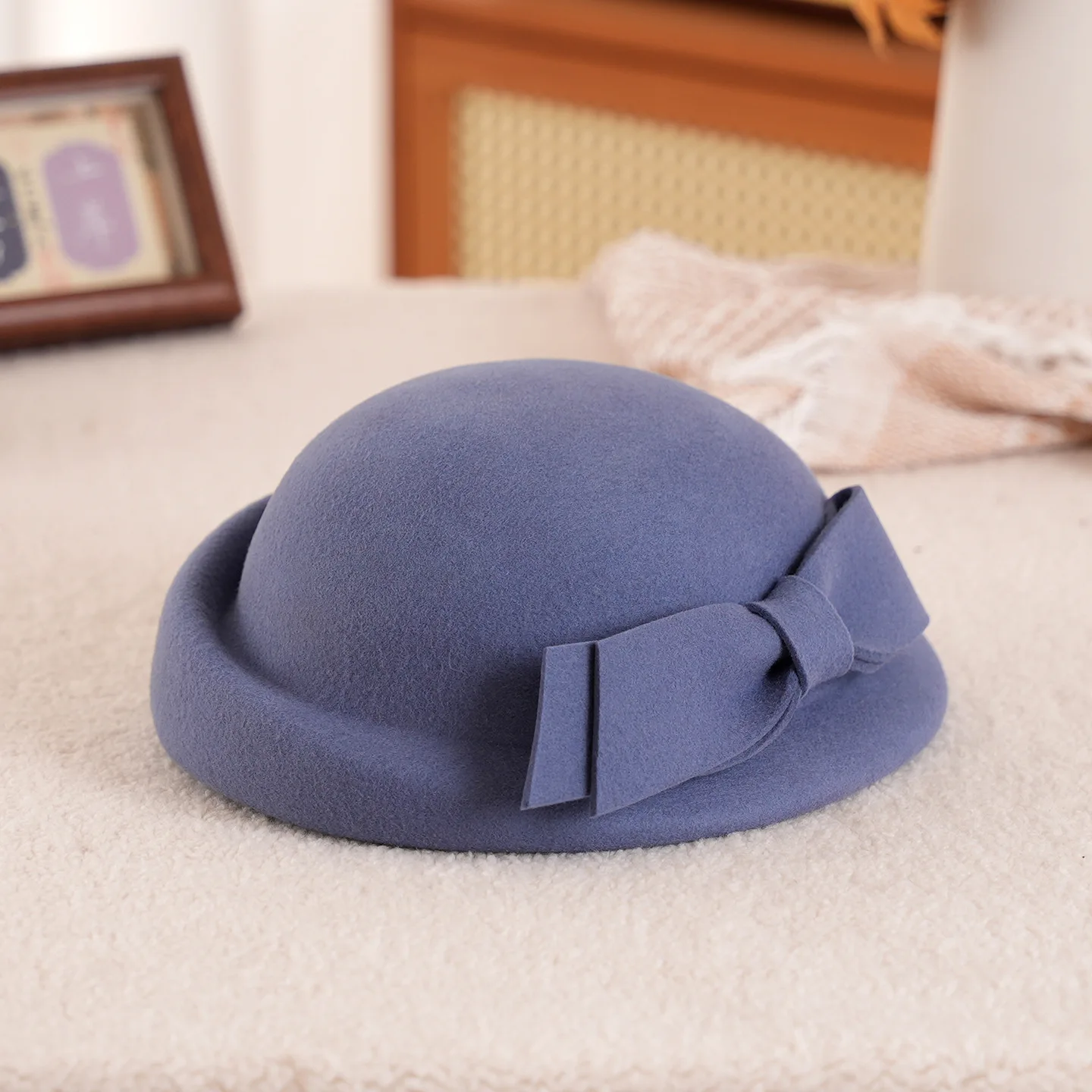 Girls French Vintage Beret Wool Hat with Curl Edge Autumn Winter Elegant  Butterfly Knot Woolen Knit Cap
