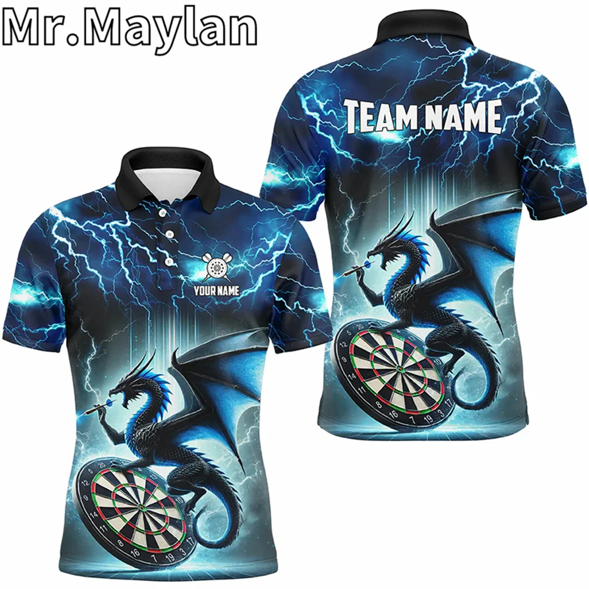 3D Blue Lightning Thunder Dragon Custom Darts Sports Polo Shirts For Men Women Darts Team League Jerseys Gifts For Darts Lovers