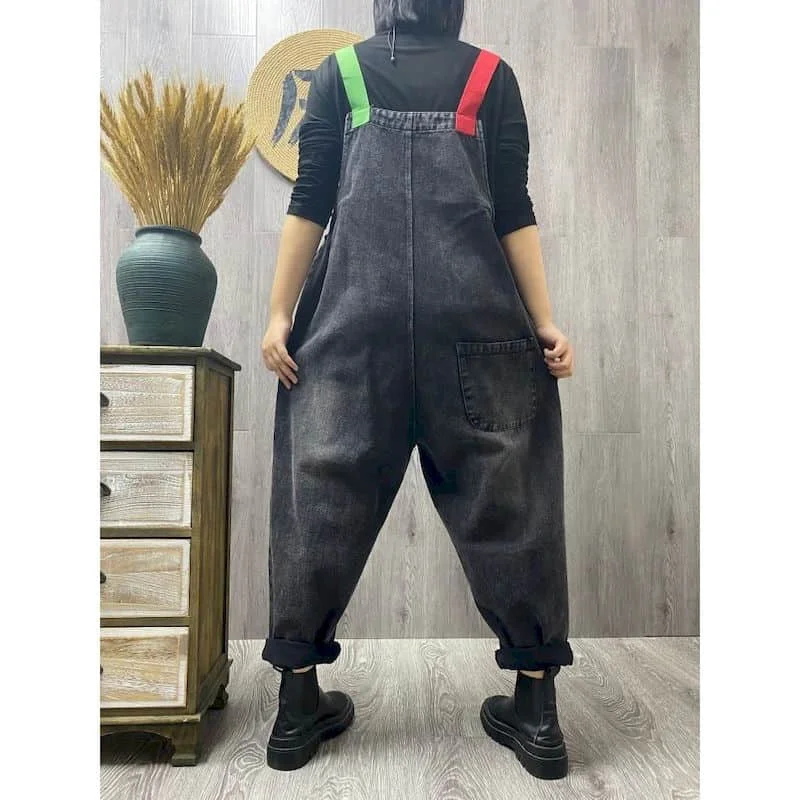 Kombinezony jeansowe z blokami kolorów, patchworkowe, jednoczęściowe stroje, damskie rampersy, luźne, w stylu koreańskim, casualowe, vintage, kombinezony damskie, odzież damska. — zdjęcie 6