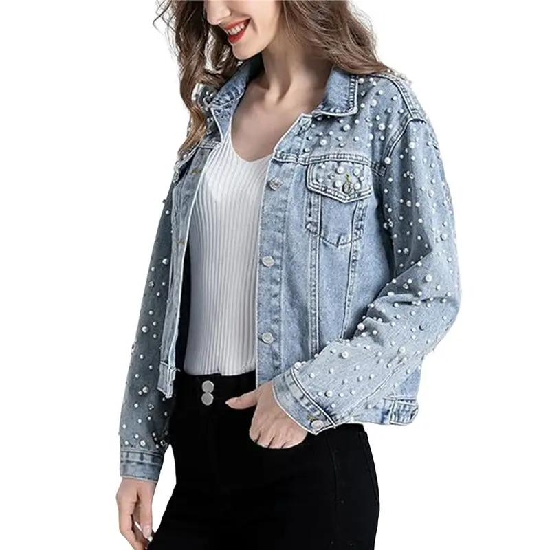 

CYL-Women's Pearl Denim Jacket Cropped Rhinestones Jean Jacket Coat