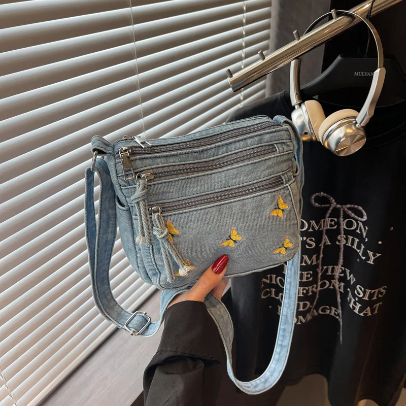 

2025 Summer Fashion Embroidery Denim Crossbody Bag Multi Pocket Small Square Phone Purse for Women Trendy Minimalist Waist Pack