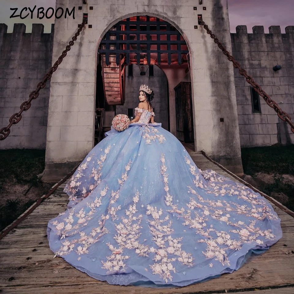 Robe de Quinceanera à fleurs perlées, robe de Rhde luxe, longueur au sol, train de balayage, robe de soirée à lacets, chérie, hors de l'initiative, 2023