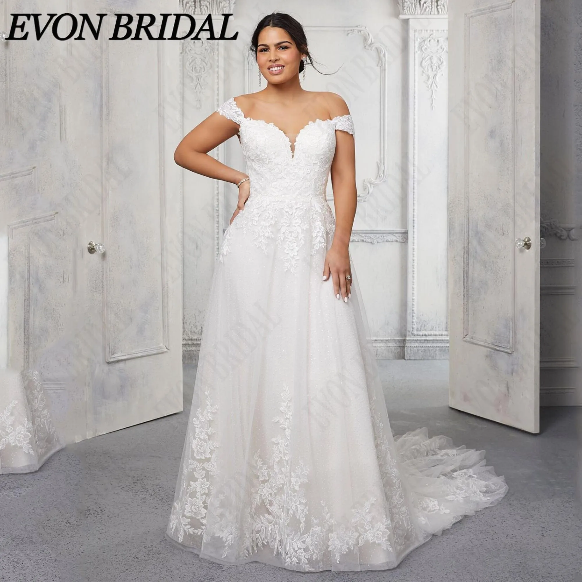 EVON BRIDAL Lace Appliques Wedding Dress Plus Size V-Neck Off The Shoulder Tulle Bride Dresses A-Line Bridal Gown Customized