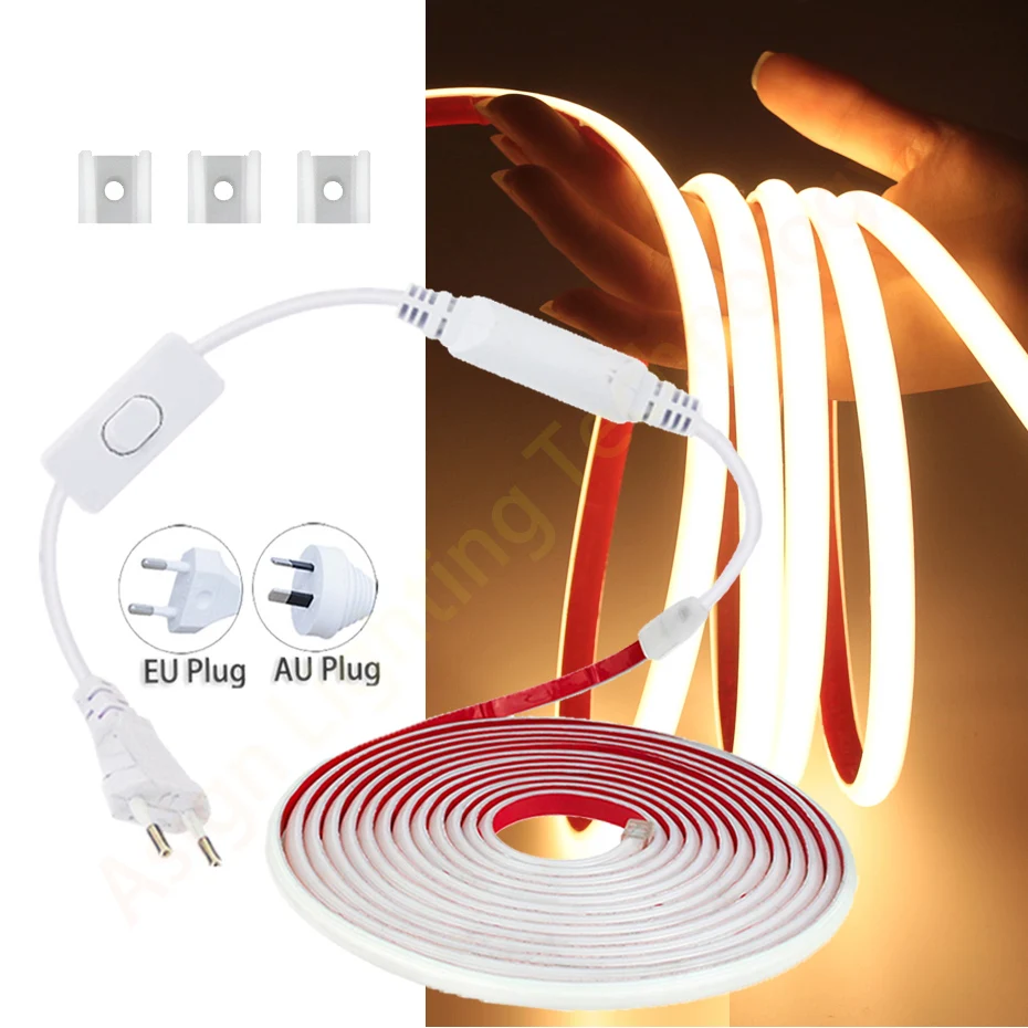 

220V COB LED Strip Light 288LEDs/m IP65 Waterproof Adhesive Flexible Tape with EU AU Switch Plug for Indoor Outdoor Garden Decor