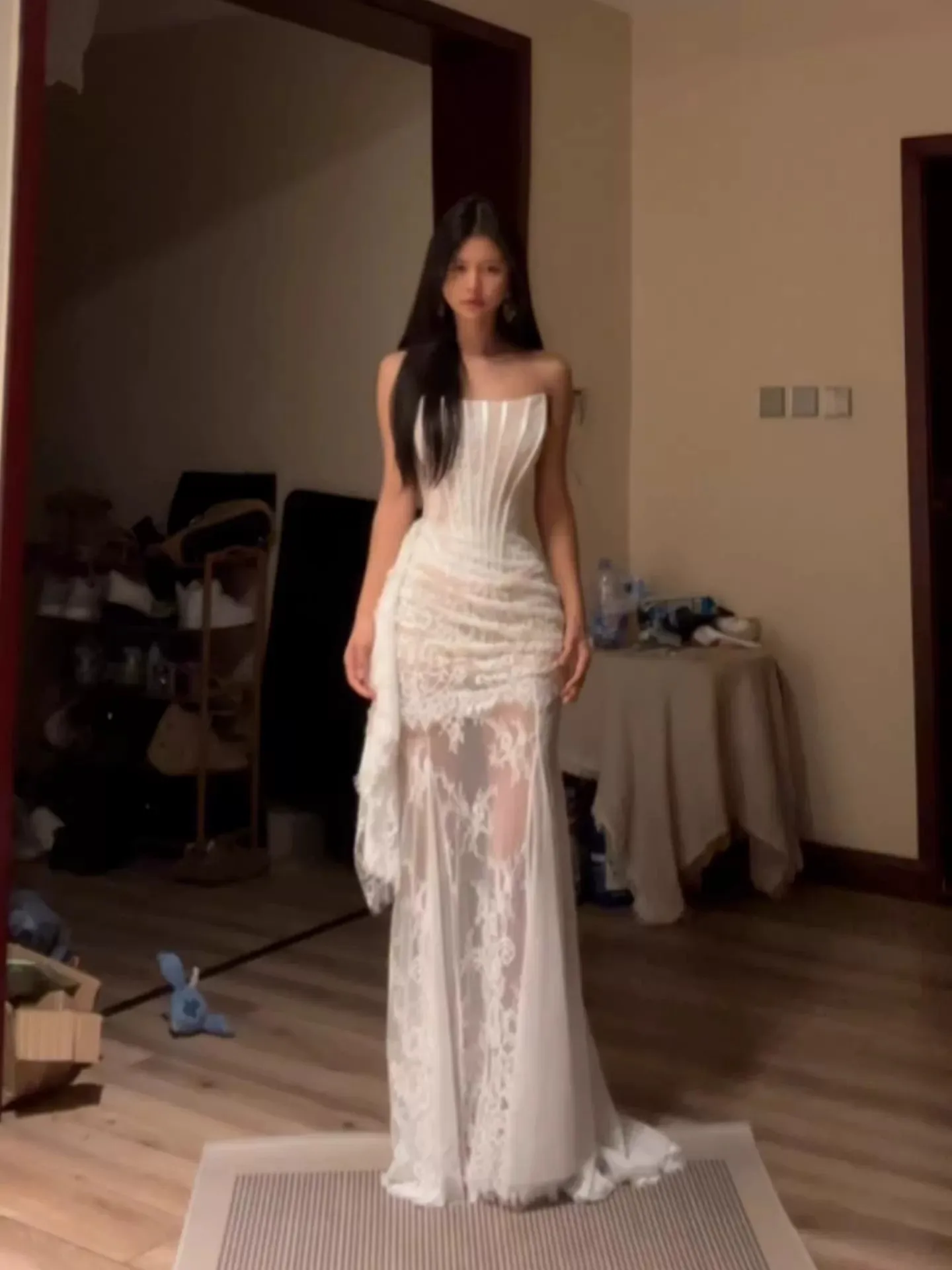 SYJ Pure Desire Strapless Fishbone Embroidery Dress Summer Mesh Splice Evening Long Skirt Women's Style Commute Lace Waist