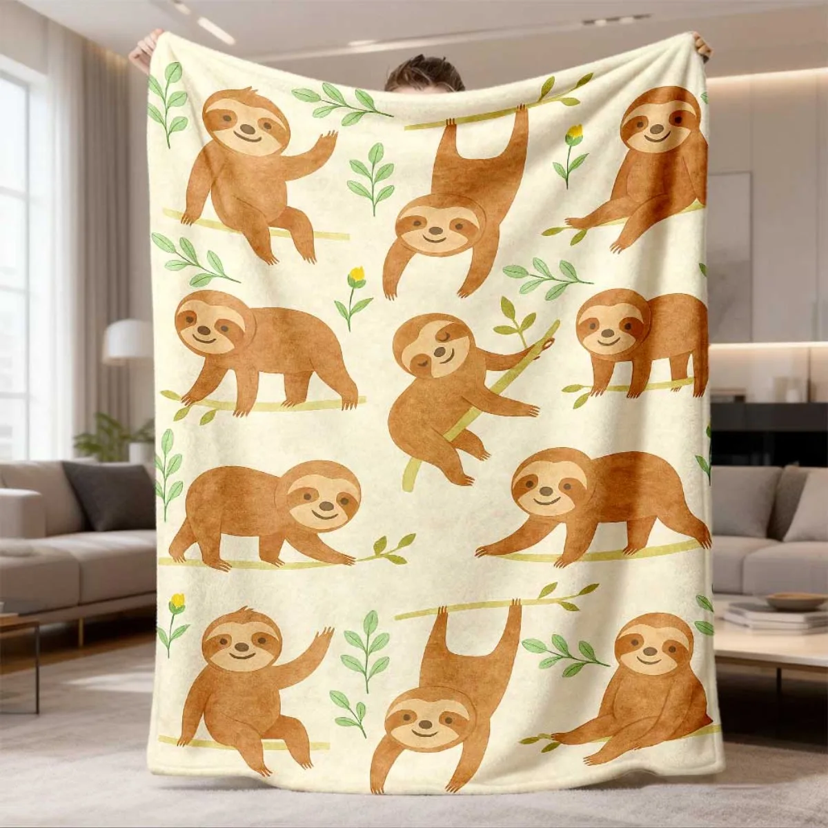 Cartoon Sloth Tropical Leaf Throw Blanket for Dorm Office Nap Bedroom Relax Birthday Anniversary Casual Gathering Gift