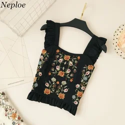 Neploe Bohemian Flower Embroidery Women Blusas 2024 Sexy Sleeveless Ruffles Slim Crop Top Summer Fashion Ladies Blouse 67020