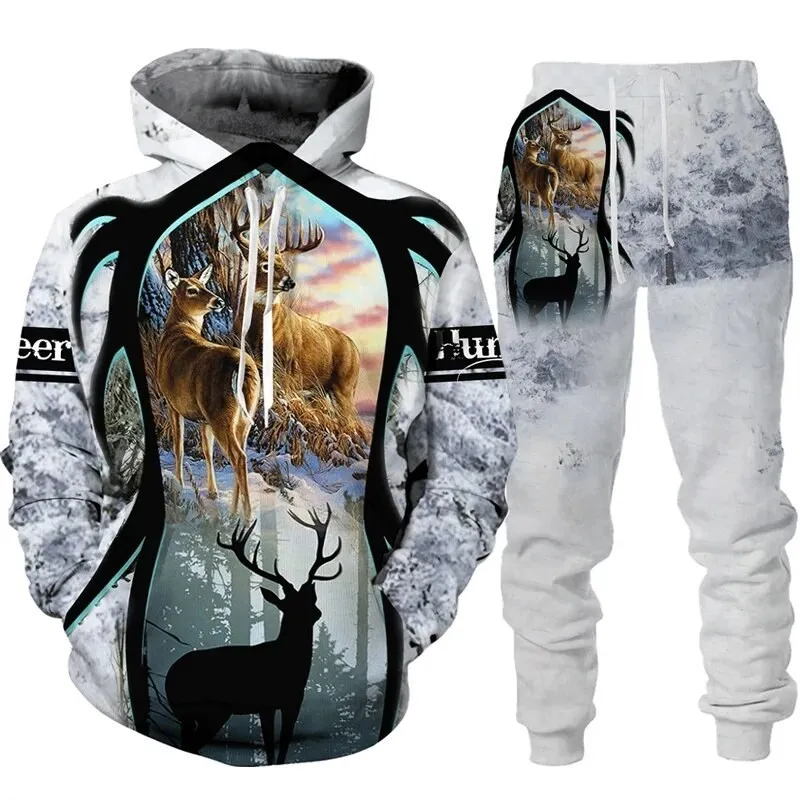 Country Men Deer Hunting Sweatshirt 3D Print Tracksuit Set Men\'s Hoodie Pants 2pcs Set Fashion Camo Streetwear Pullover Clothes