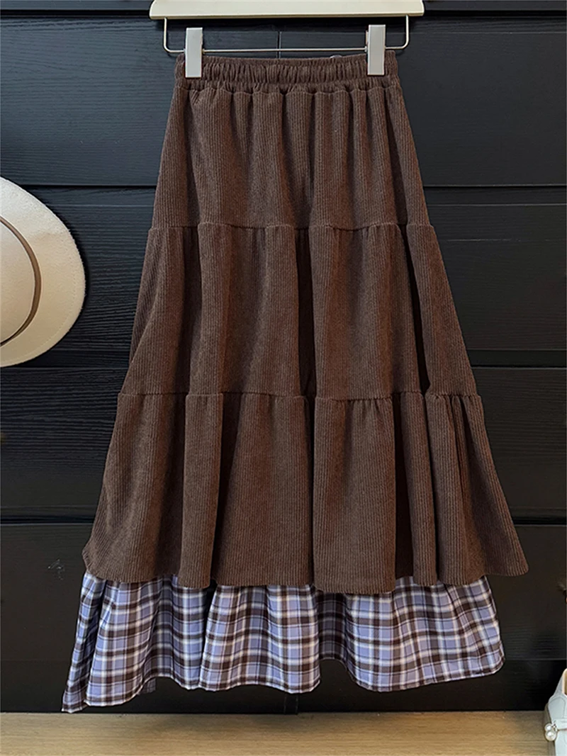 Falda de pana de estilo coreano para mujer Otoño Invierno cintura alta contraste Color faldas gruesas Retro cálido marrón A-line faldas largas