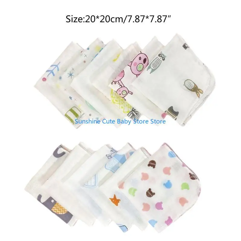 C5AF 10 Buah Set Kain Lap Bayi Kartun Lapisan Ganda Kain Kasa Handuk Wajah Bayi Kain Sendawa