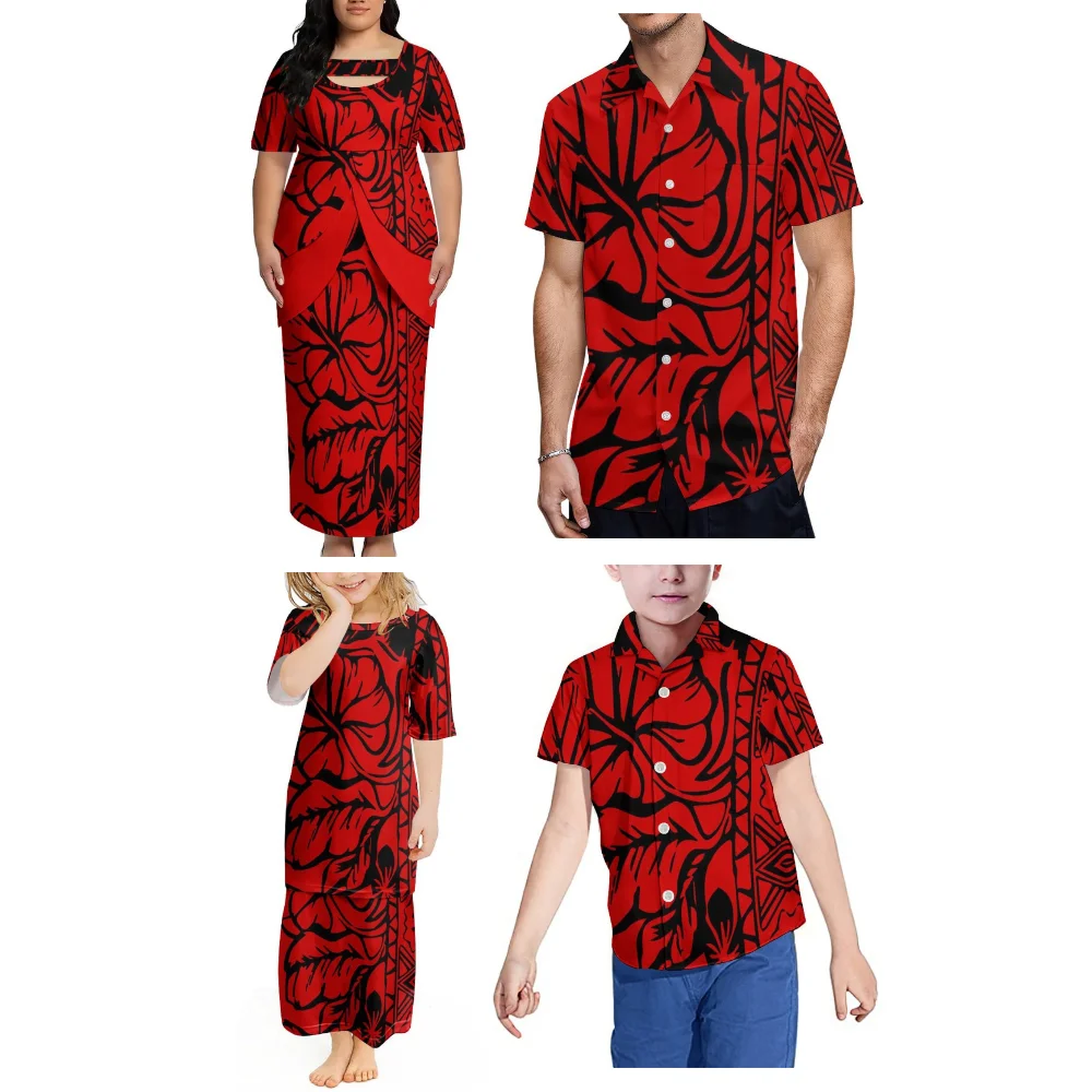 

Polynesian Style New Custom-Made Family Wear Double-Layer Slit Bottom Puletasi Women'S Suit Skirt Men'S Casual Shirt
