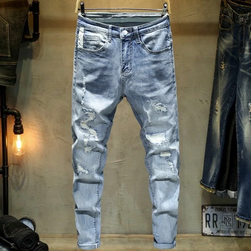 Spring and Autumn New Fashion Trend Solid Color Perforated Straight Leg Elastic Jeans Men's Casual Sports High-Quality Jeans