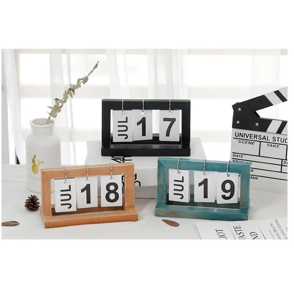 

Wooden Page Turning Calendar Creative Home Office Desk Decor Blue Modern Minimalist Design Bracket For Daily Use Printed