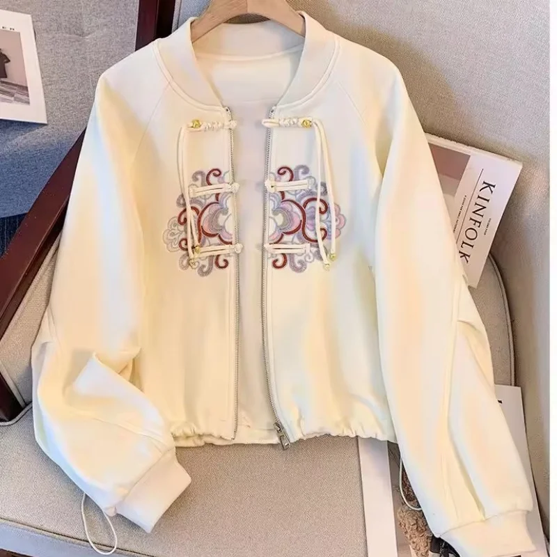 Chinese-style Buttons Baseball Jackets Womens Spring Fall Oversize Casual Loose Versatile  Long Sleeves Sweatshirt Outwear