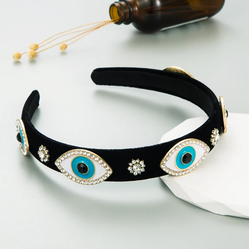 Korean Velvet Fabric Fashion Retro Oil Drop Devil\'s Eye Headband Female Rhine Stone Band Personalized Hair Accessories