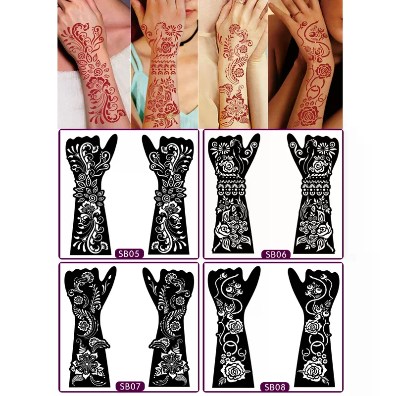 1 paar Schwarz Hand Transfer Temporäre Tattoo Aufkleber Hand Henna Tattoo Vorlage Für Frauen Körper Malerei Blumen Tattoo Schablone