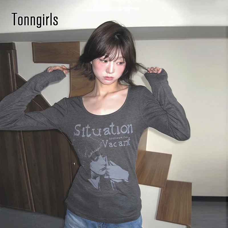 

Tonngirls Y2k винтажная футболка женские топы с длинными рукавами и графическим принтом уличная одежда американские ретро топы в стиле гранж футболки для девочек 2000-х годов