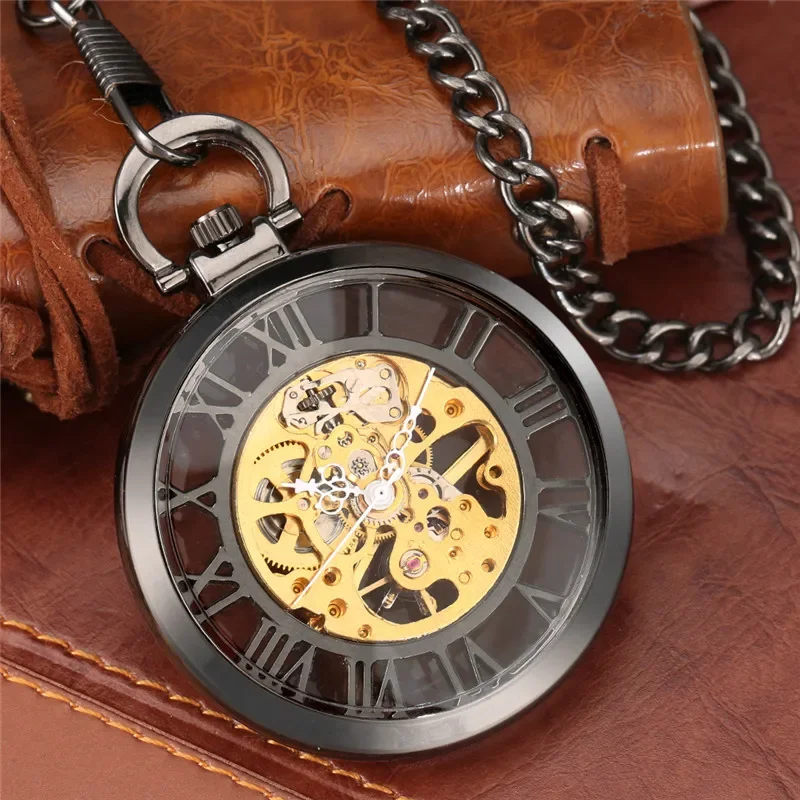 

Luxury Hand-wind Mechanical Roman Numbers Steampunk Transparent Pocket Watch Open Face Black Chain Men Women Cool Gift