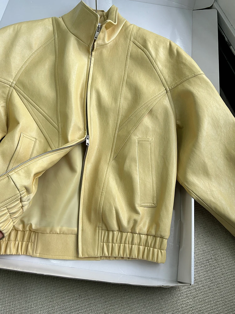 Lautaro Frühling Herbst Gelbe PU-Lederjacke für Damen mit Reißverschluss, Langarm, Looe Casual Luxus Designer Amerikanische Retro-Kleidung 2026 – Detail 6