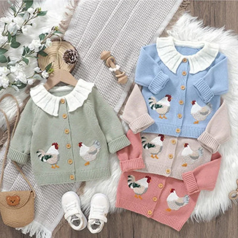 

New Toddler Baby Girl 1-3Y Knitted Coat with Cute Chicken Embroidery Ruffled Collar Cardigan Fall Winter Clothes