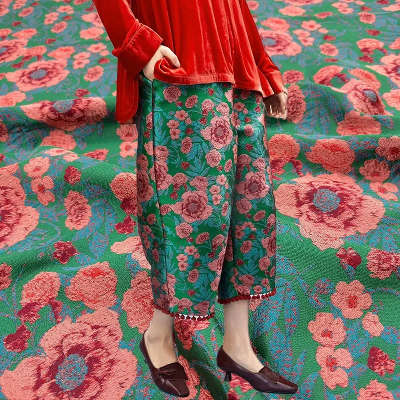 

Chinese Ethnic Style Jacquard Wide Leg Pants Autumn Winter Windbreakers Brocade Tang Style Cheongsam for Diy Sewing Cloth