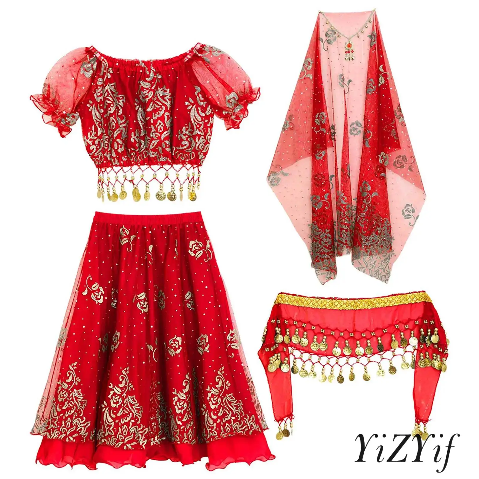

Kids Girls Belly Dance Outfits Puff Sleeve Floral Prints Crop Top with Skirt Waist Chain Headscarf Headwear Performance Clothing