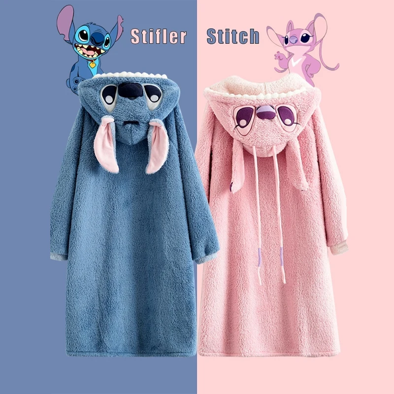 

Autumn And Winter Cartoon Stitch Couple Pajamas Thickened And Fleece Cute Coral Bathrobes For Men And Women Home Wear Gifts