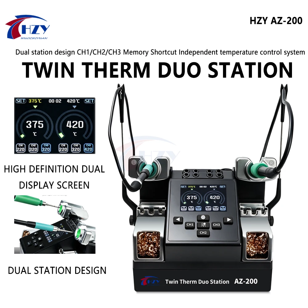 HZY AZ-200 Dual Station Soldering Station 200W Rapid Heating Compatible C115 C210 Handle for Phone Motherboard Chip Repair Tools