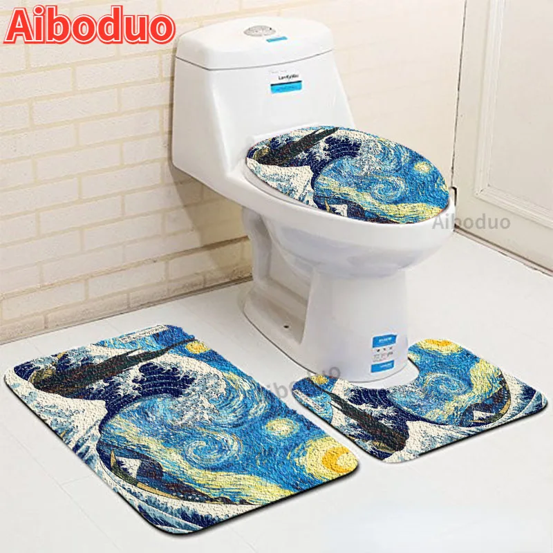 

Bathroom 3-piece Oil Painting Art Bathroom Non-slip Absorbent Toilet Accessories Toilet Seat Cover Bathroom Door Toilet Rug