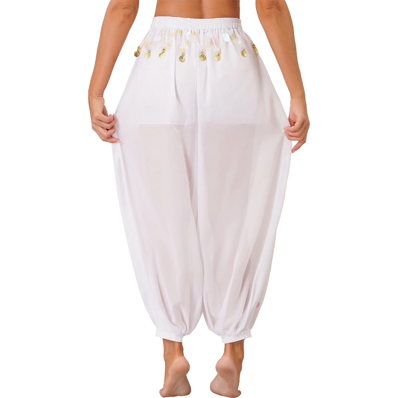 Pantaloni Harem di danza del ventre in chiffon Lanterna araba di Halloween Pantaloni con paillettes lucide Pantaloni fantasia Pantaloni Bloomers per le donne che ballano