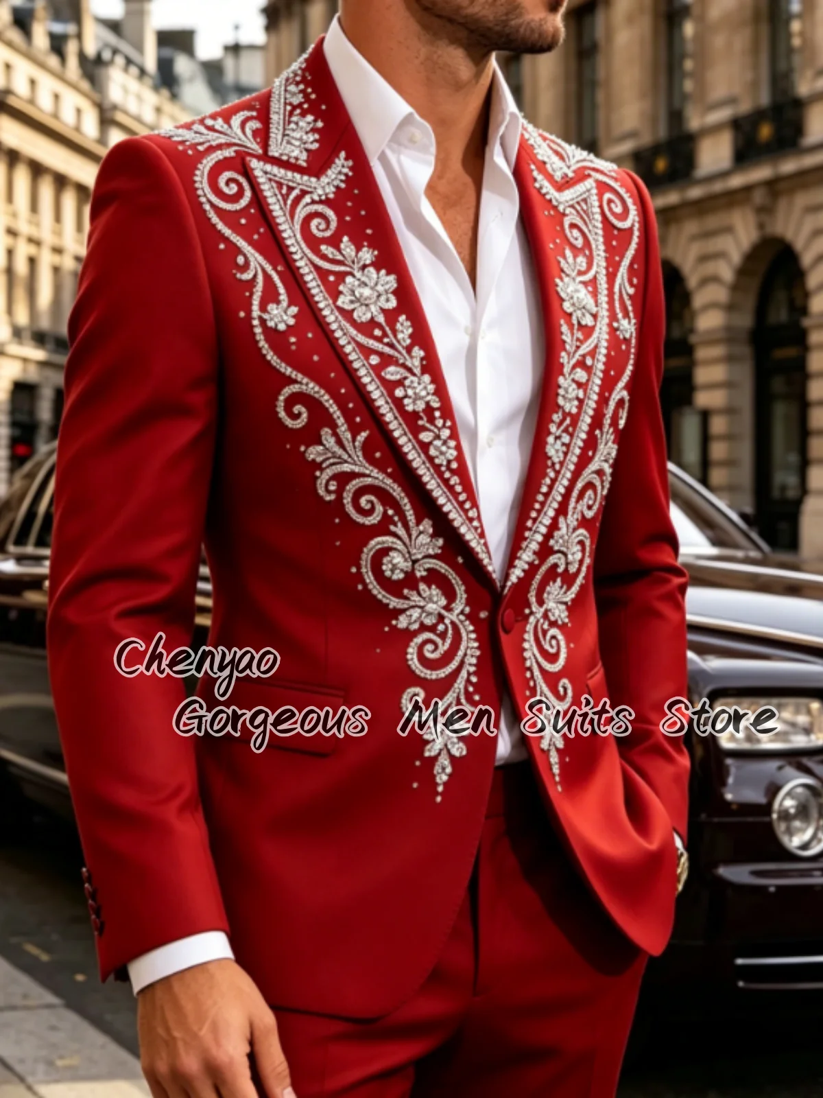

Luxury Crystal Beaded Floral Pattern Men Suits High-end Customized Groom Tuxedos Elegant Male Prom Blazer 2Pcs Sets ropa hombre
