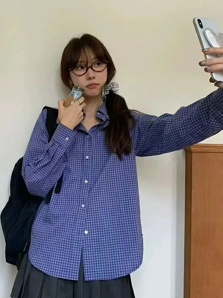 

Preppy Style Blue Plaid Shirt Women Loose Long Sleeve Vintage Fall Blouse Oversize Casual Korean Retro Female All Match Tops New