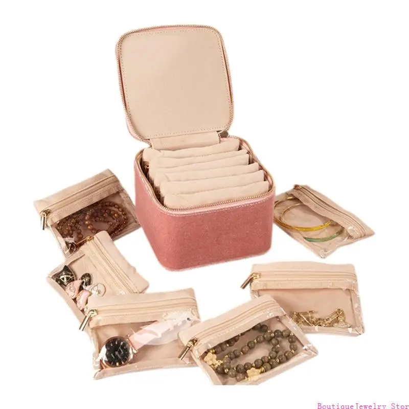 E1PE Stylish Velvets Jewelry Accessories Holder With Individual Zippered Compartments Gift For Women Girls