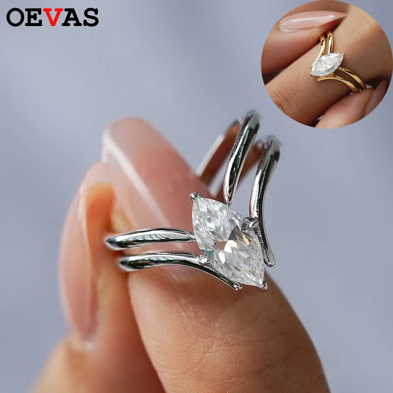 

OEVAS 1CT комплект колец с муассанитом огранки маркизы S925, серебряное двухрядное кольцо для женщин, обручальное кольцо, ювелирные изделия