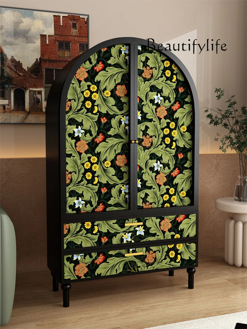 American retro solid wood wardrobe storage painting home living room multi-functional integrated decoration against the wall des