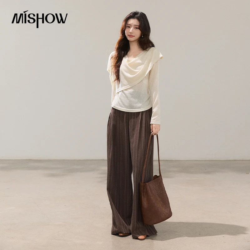 MISHOW Women's Draped Cowl Neck Long Sleeve T-Shirt 2026 Spring New Slim Fit Casual Top Thin Breathable Knit Tees MXF14Z3011