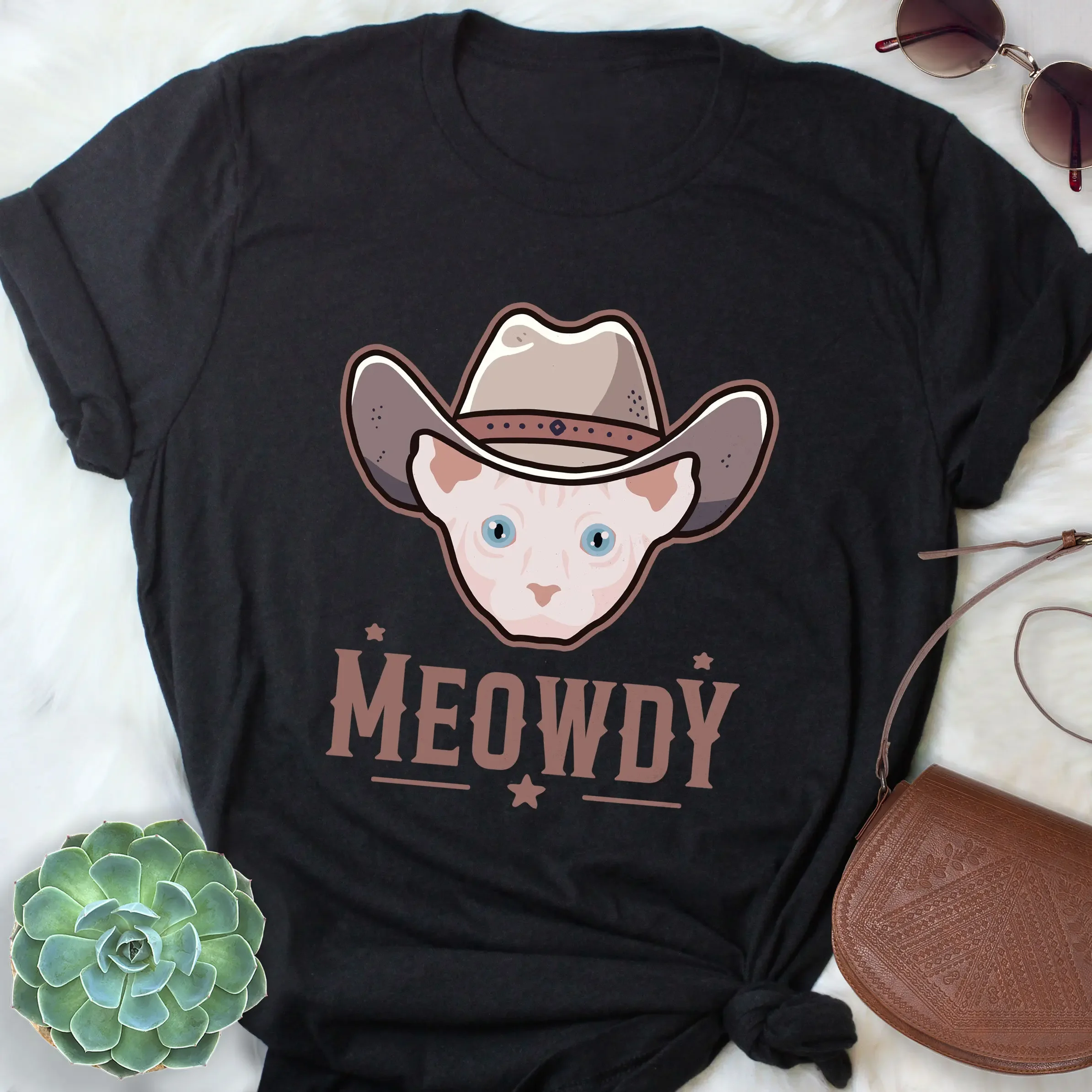 Dwelf Cat Meowdy T Shirt Funny Cowboy Lover Cute Howdy Pet Mom Dad Western Yeehaw Hairless Sphynx