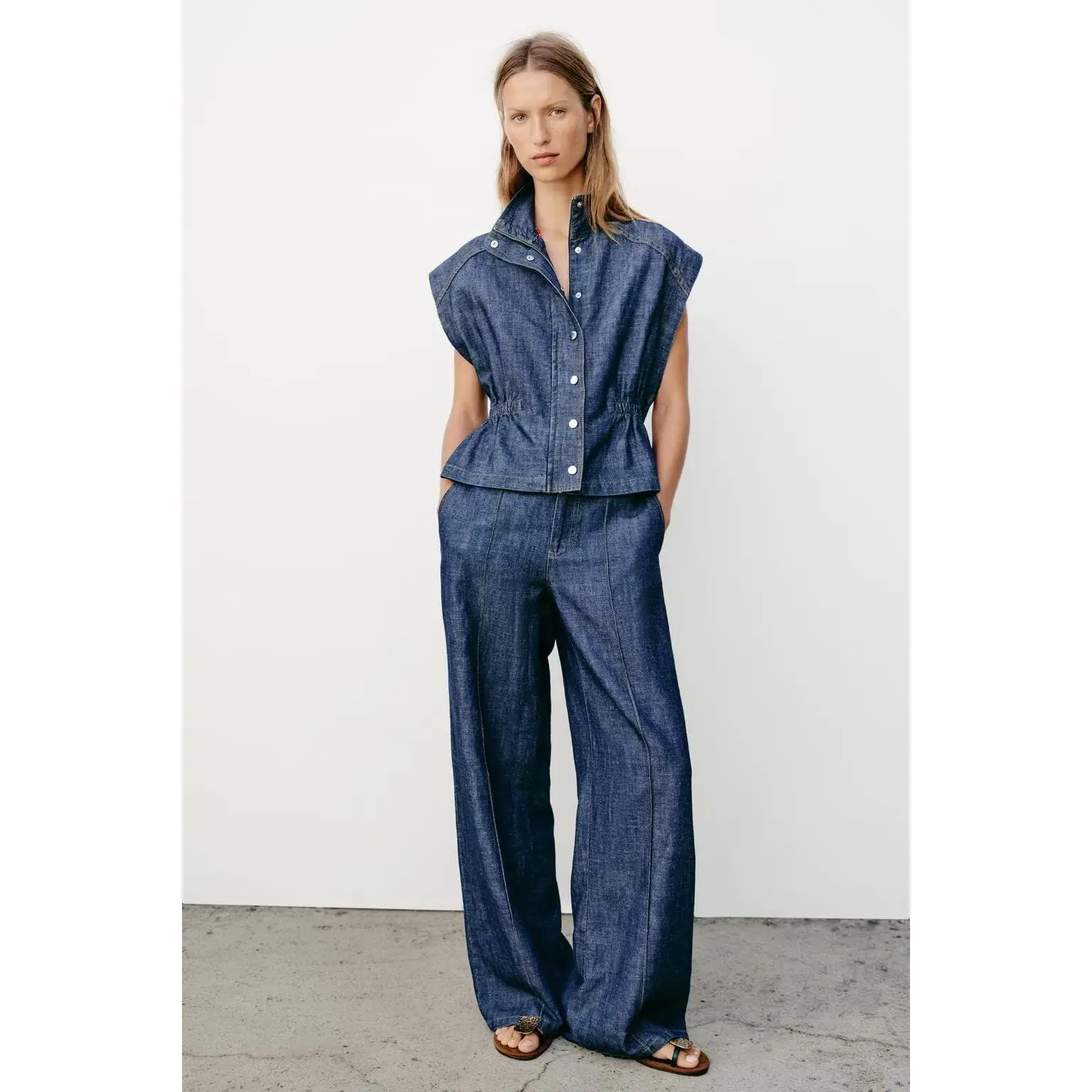 Spring Summer New Women's Fashion Set ZR Style Elastic Waist Vest Straight Leg Pants No Brand Mixed Fabric Work Uniform