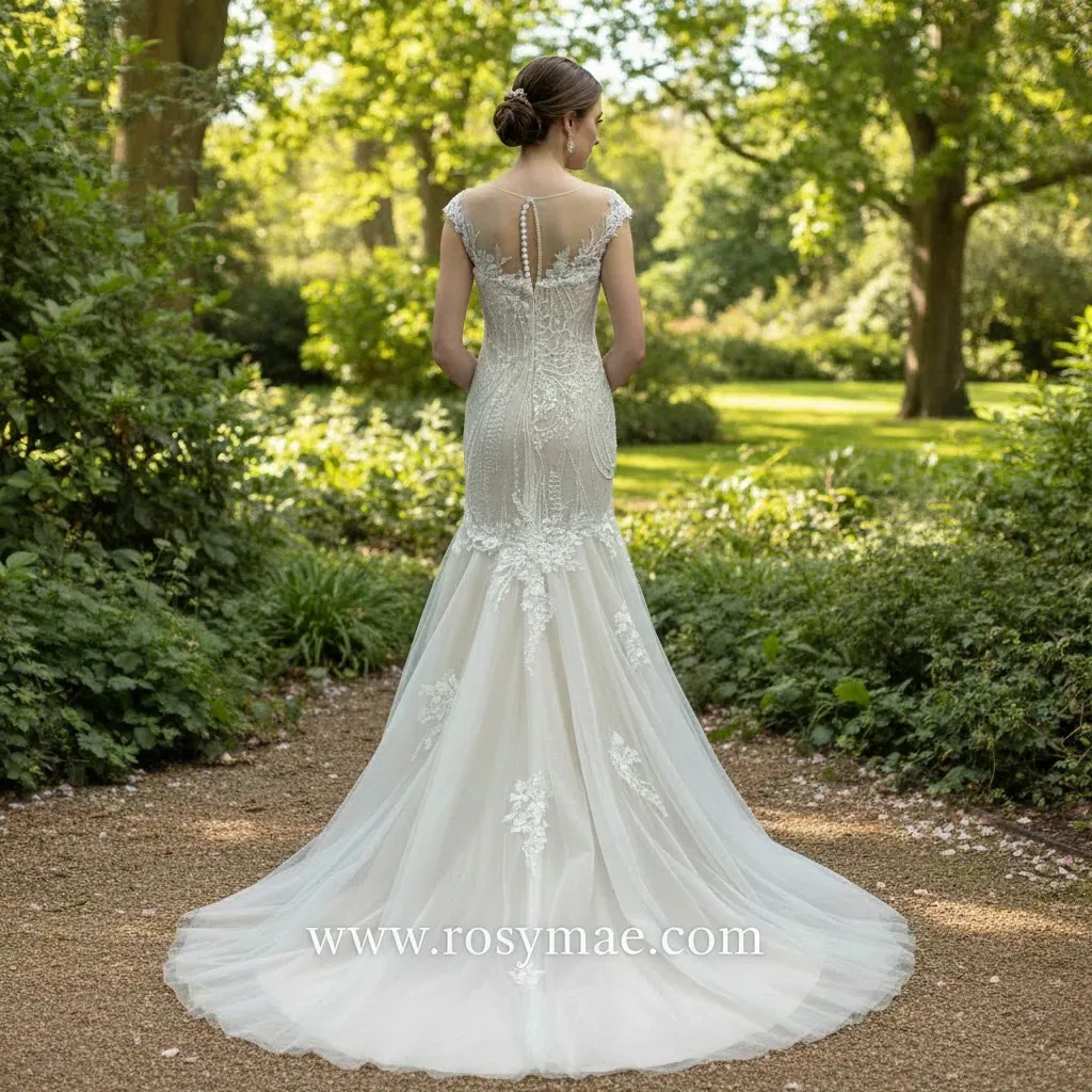 Suknia ślubna Rosymae, syreni krój, przezroczysty dekolt, krótkie rękawki, elegancki, odkryte plecy, vestidos para mujer