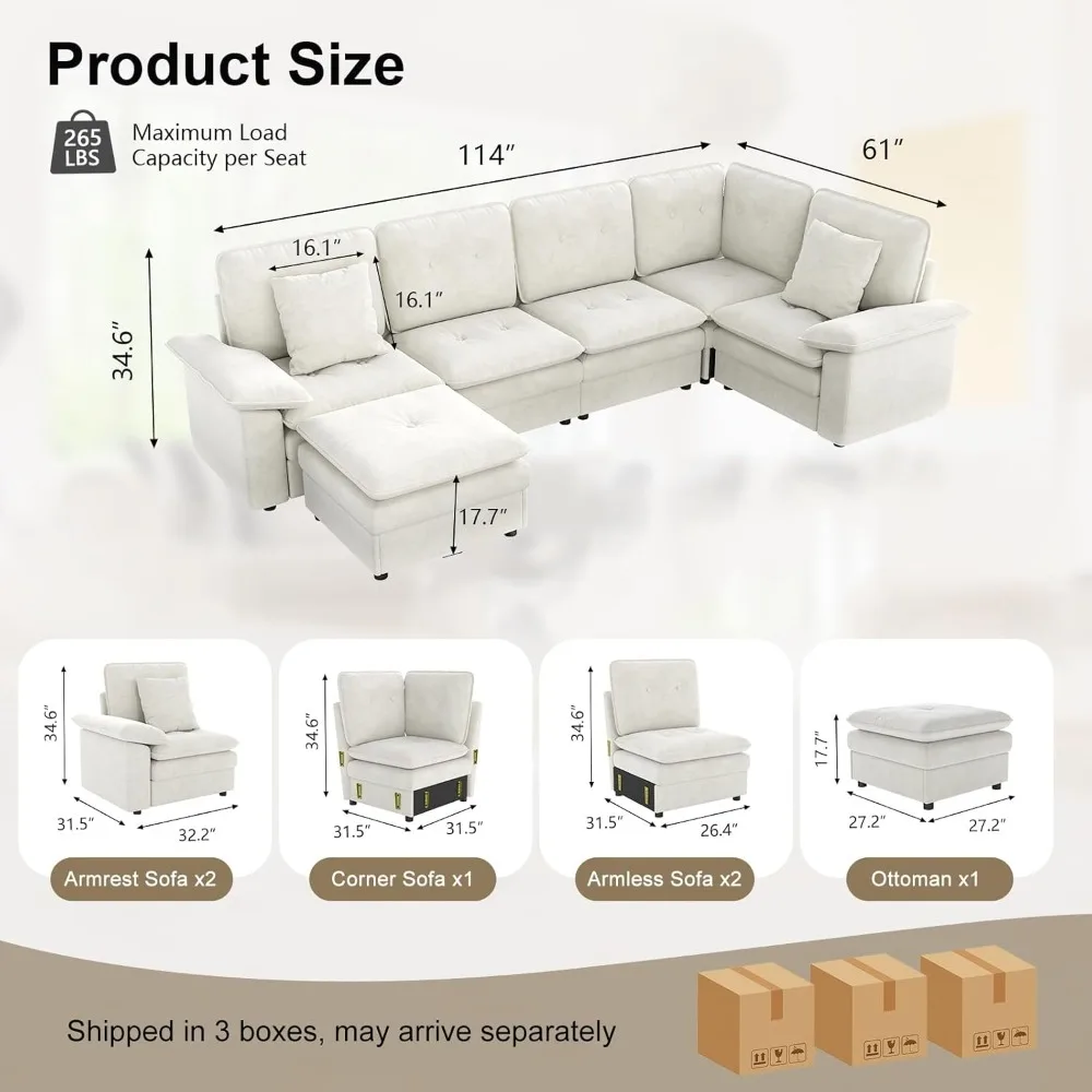 6-местный L-образный секционный диван с пеной с эффектом памяти высокой плотности для удобной гостиной, роскошные сидения большого размера