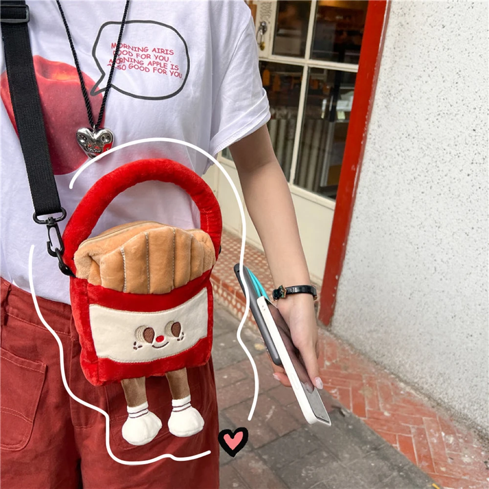 Fluffy Plush French Fries Handbag Doll Shoulder Bag Kawaii Cartoon Bag Outdoor Resuable Shopping Bag Crossbody Shoulder Bag