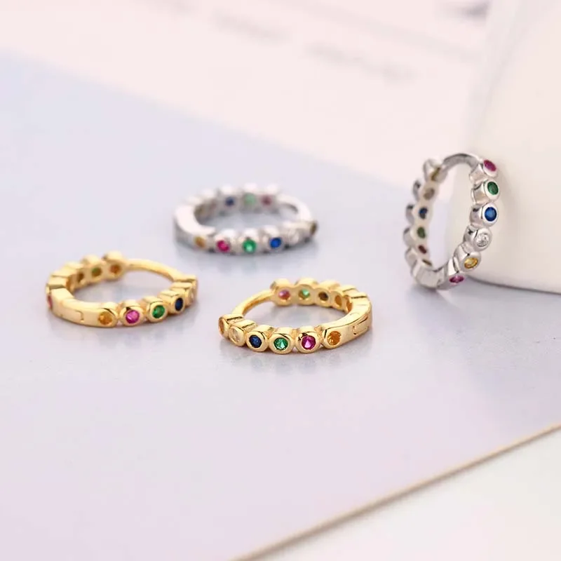 Gold Silver Color Simple Huggies Full Rainbow Zircon Hoops Earring for Women Fashion Drops Piercing Pendiente Ohrringe Jewelry