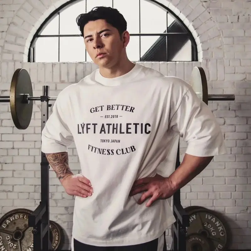 LYFT ATHLETIC American Print T-Shirts Klassisches Retro-Kurzarm-T-Shirt Fitness Sport Loses, dickes Baumwoll-Kurzarm-T-Shirt